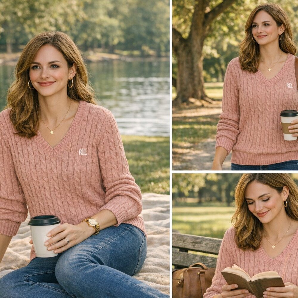 Ralph Lauren Dusty Pink Women’s Cable-Knit V-Neck Sweater – Cozy Classic